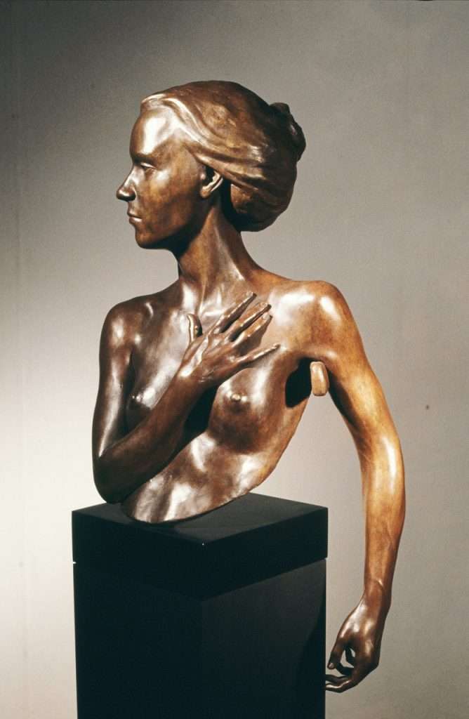 Tuck Langland Devant La Miroir (In Front of the Mirror), bronze sculpture, 30” H bronze on bronze base