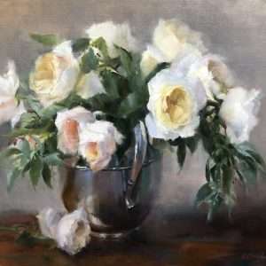 Pamela Newell, Ivory Roses in Silver, oil on linen, 16x20