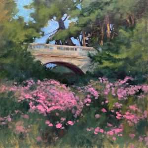 Donna Shortt, Asters at the Bridge, oil on canvas, 18"x18"