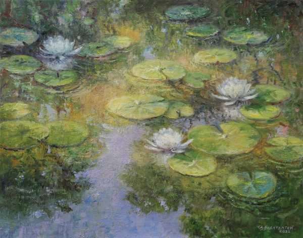 Timothy Greatbatch, Waterlilies, Artist's Pond, oil on linen, 16x20