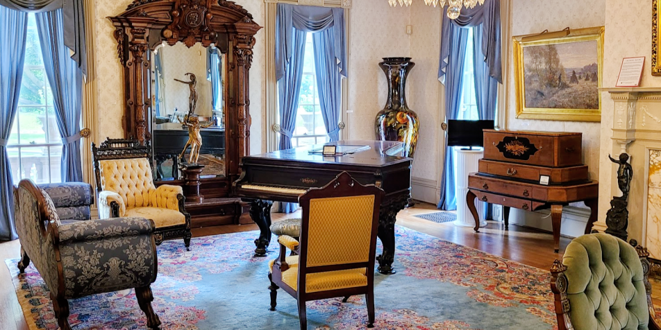 Drawing Room at the Haan Museum of Indiana Art - formal room with ornate furniture, including a grand piano